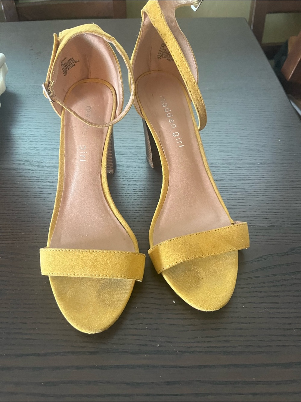 Madden Girl Mustard Yellow Open-Toe Ankle Strap Block Heels